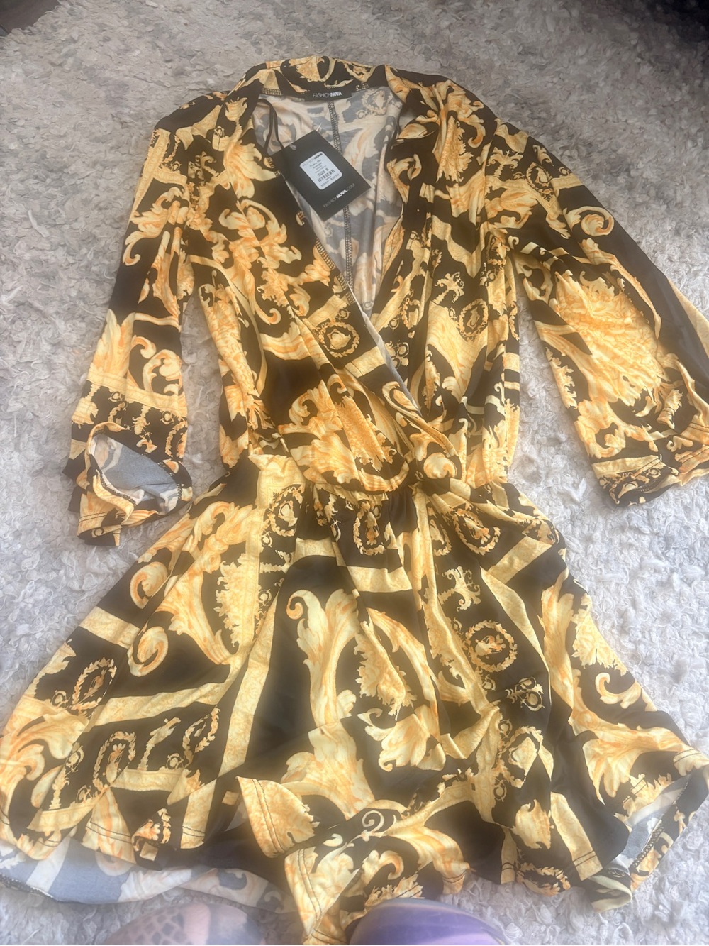 Fashion Nova Black & Gold Baroque Midi Wrap Dress